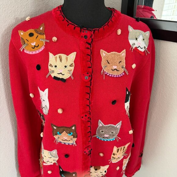 VINTAGE 80s Berek by Takako Sakon Red Cat Cardigan Sweater Medium - Picture 7 of 15